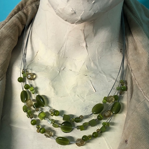 3/$32 Y2K Layered Olive Green Acrylic Beaded Silvertone Memory Wire Bib Necklace - Picture 6 of 9